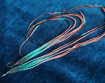 Maui Swan Glass Beadwork Mermaid Fringe Earrings w/ Rose Gold 1mm chain ~ 10" Long Seed Bead Earrings