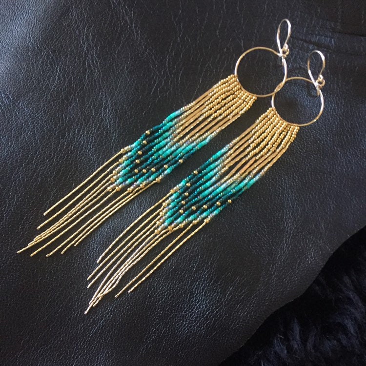 Maui Swan Designs Teal and Gold Fringe Seed Bead Earrings 14K gold filled Hoop, beads & 1mm chain fringe