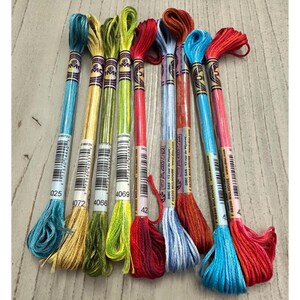 May include: A collection of colorful embroidery floss skeins in various shades of blue, yellow, green, red, and brown. Each skein is labeled with a number and brand information. The floss is neatly arranged, showcasing the vibrant hues.