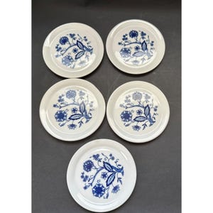 May include: Five white ceramic plates with a blue floral design. Each plate features a central floral motif with leaves and branches. The plates are arranged on a dark surface.