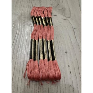 May include: A bundle of six skeins of coral-colored embroidery floss. Each skein is wrapped with a black and gold label. The floss is arranged on a light wood-grain surface.