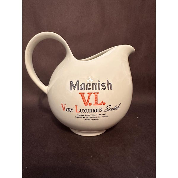 Vintage Macnish Very Light Scotch Whisky Water Pitcher Barware Man Cave