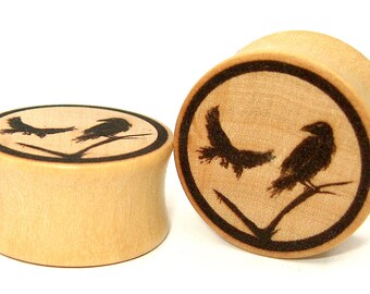 Huginn and Muninn Ravens 02 Handmade Organic Wooden Ear Plug/Plugs/Gauges/Stretchers