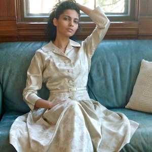 1950s Jacquard Silk Couture Dress: Vintage Platinum Evening Gown