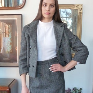 1950s Herringbone Tweed Suit: Cropped Jacket, Pencil Skirt