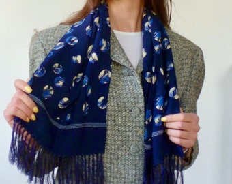 1930s Art Deco Viskose-Schal: Marine-Blau-Franse, Sammlerstück - Jazz Age Style