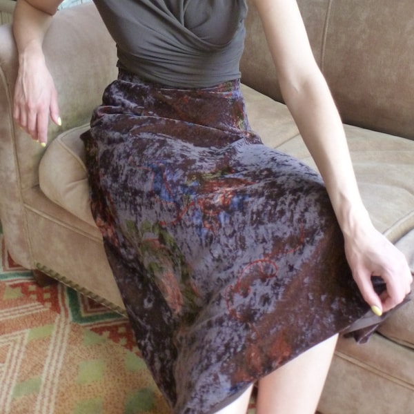 Vintage 1980s Emanuel Ungaro Panne Silk Velvet Tie Dye Bias Cut Flared Skirt Made in Italy Large