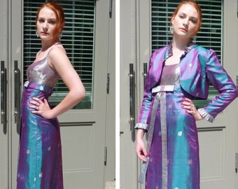 1960s Couture Silk Gown NEW Platinum Brocade Jacquard Empire Dress Cropped Jacket Custom Made