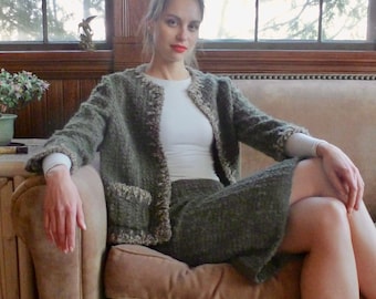 Custom Made Vintage Green Mohair Skirt Suit Bespoke 1970s 1980s Vintage Couture