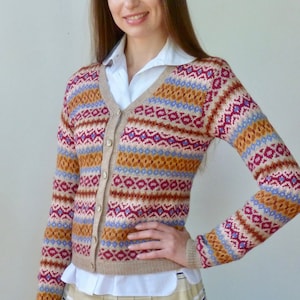 1940s Fair Isle Cardigan: Hand Knit Wool Vintage Sweater