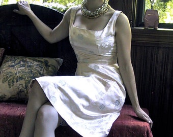 Silk Brocade Evening Dress Vintage 1960's Custom Made Empire Waist Stunning Palest Pink