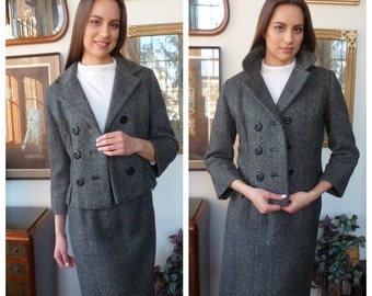 1950s Couture Suit - Cropped Boxy Jacket Narrow Skirt - Double Breasted Black and White Herringbone Tweed
