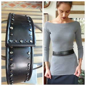 Black Calf Crystal Studded Belt 1980s Vintage for Garfinkel  - Metal and Glass Studs