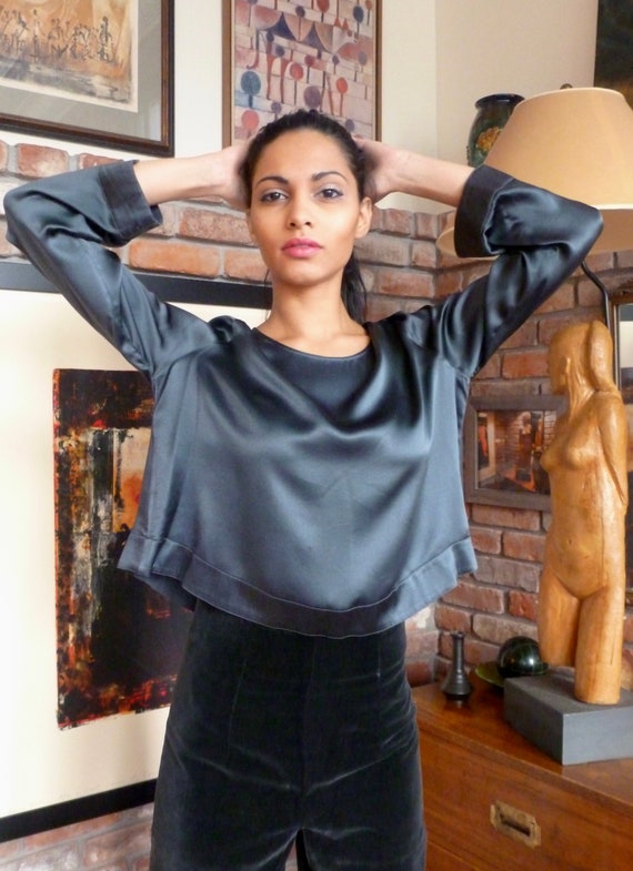 Armani Silver Grey Blouse 1990 Cropped Silk