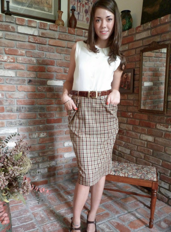 Madras Skirt 1950s Plaid Pockets Preppie Pencil V… - image 3