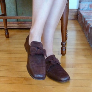 Italian Suede Loafers Size 38: Knotted Bow, Stacked Heel