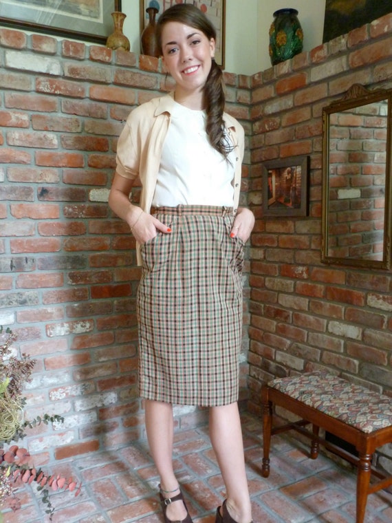 Madras Skirt 1950s Plaid Pockets Preppie Pencil V… - image 4