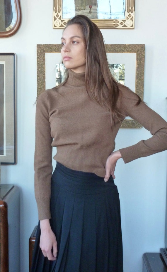 Cropped Turtleneck Sweater Brown Wool Ribbed Vinta