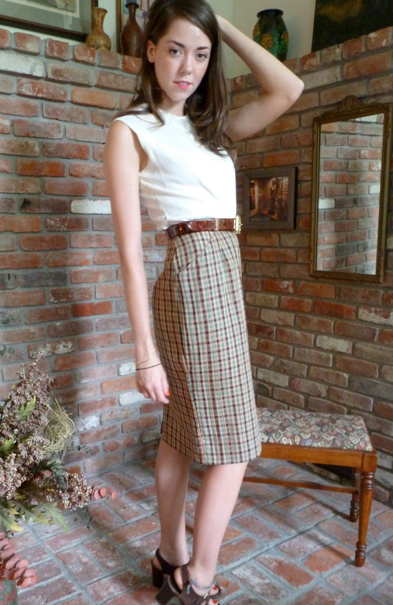 Madras Skirt 1950s Plaid Pockets Preppie Pencil V… - image 5