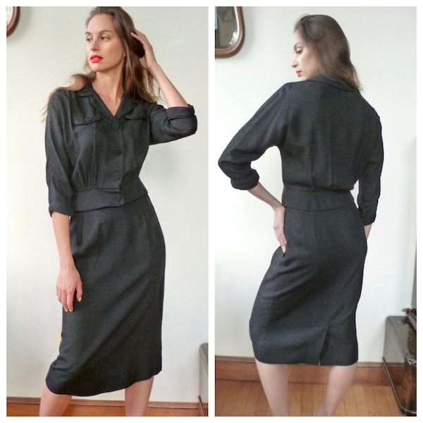 Black Summer Suit 1960s NEW Pencil Skirt Dolman Sleeves Blouson Jacket Notch Collar Faux Pockets Tres Louche