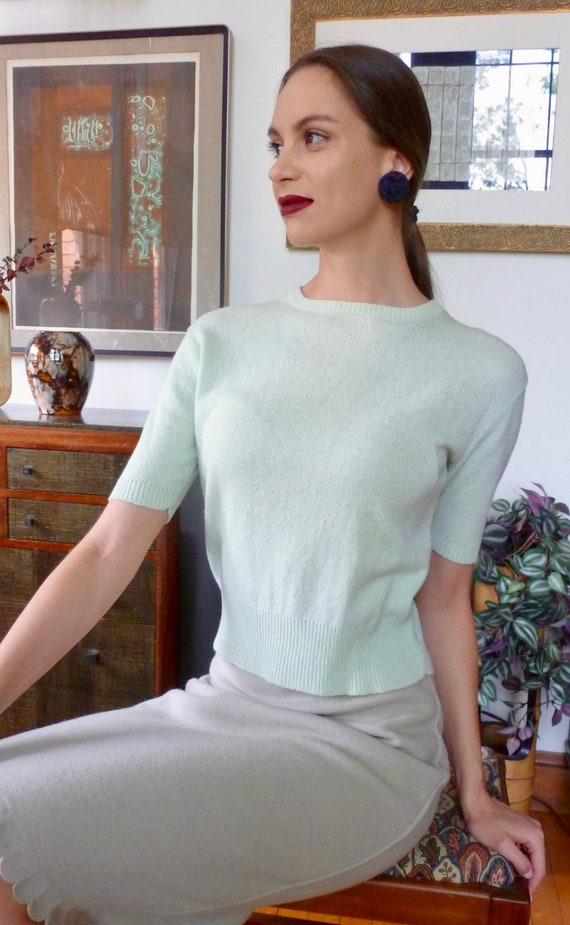 1950s Vintage Mint Green Cropped Sweater Crinkle K