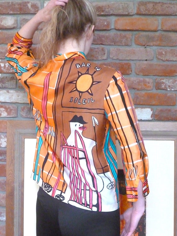 1980s NEW Graphic Art Silk Blouse Theme Snowman Sl