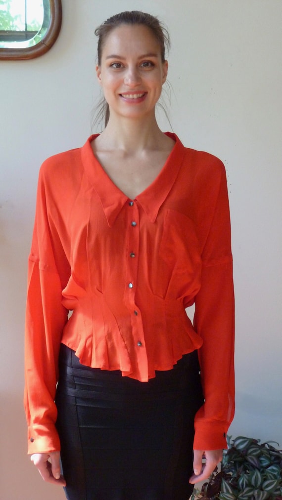 Viktor & Rolf 1990s Red Silk Blouse Peplum Dolman 