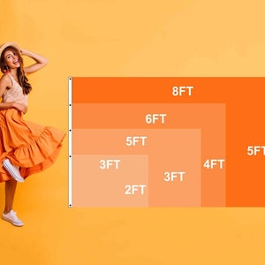 May include: A diagram showing different sizes of fabric backdrop panels. The panels are orange, peach, and light peach. The largest panel is 8 feet by 5 feet. The smallest panel is 2 feet by 3 feet.