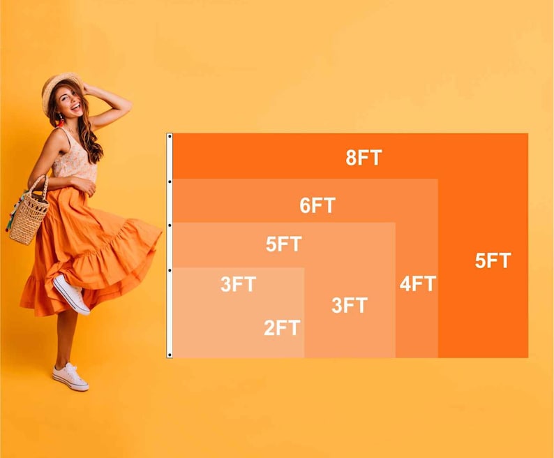 May include: A diagram showing different sizes of fabric backdrop panels. The panels are orange, peach, and light peach. The largest panel is 8 feet by 5 feet. The smallest panel is 2 feet by 3 feet.
