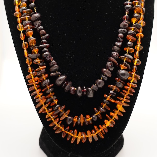 Baltic Amber and Garnet three strand necklace. OOAK