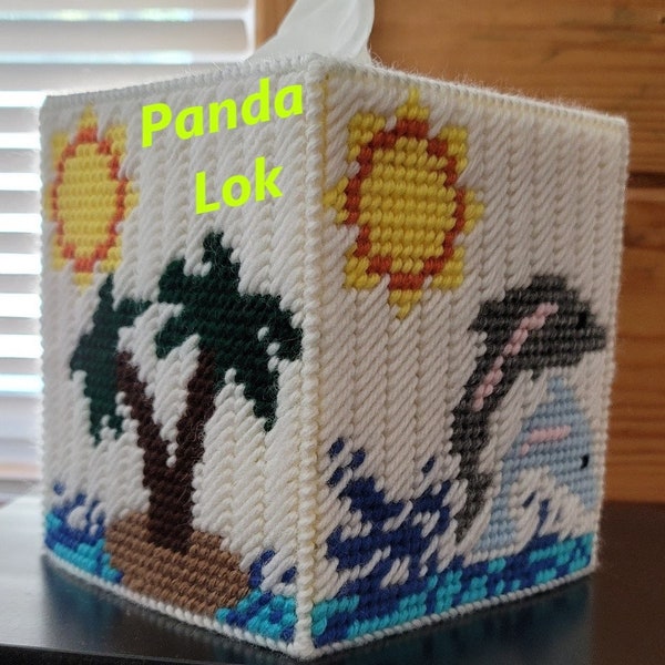 Palm Tree and Dolphins Plastic Canvas Tissue Box Cover PDF Pattern Only - Instant Download *This is NOT a finished product*