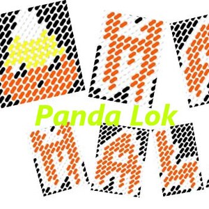 May include: A set of six colorful patterned squares with the text "Panda Lok" in the center. The squares are made of black, white, orange, and yellow.