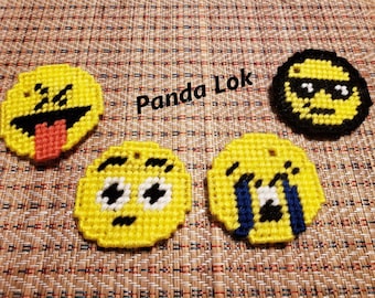 Emoji Set of 4 (squinting with tongue, shocked face, loudly crying, smiling face with sunglasses) Tag/Magnet/Pin Plastic Canvas PDF Pattern
