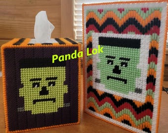 BUNDLE LISTING - Frankenstein with Pumpkin and Candy Corn Tissue Box Cover & Frankenstein Note Pad Cover PDF Pattern Only - Instant Download
