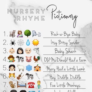 Baby Shower Emoji Pictionary Game - with answers -  nursery rhymes songs guessing game - instant download