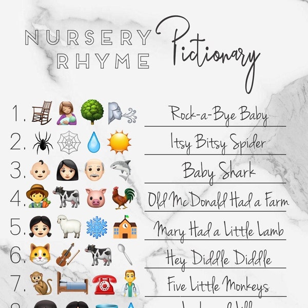 Baby Shower Emoji Pictionary Game - met antwoorden - kinderrijmpjes liedjes raadspel - direct downloaden