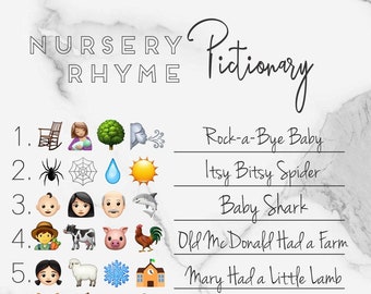 Baby Shower Emoji Pictionary Game - with answers -  nursery rhymes songs guessing game - instant download