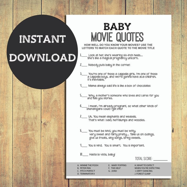 Baby Shower Game - Baby & Parenting Movie Quotes - printable instant download - blank background gender neutral