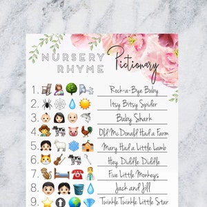 Baby Shower Emoji Pictionary Game - with answers -  nursery rhymes songs guessing game - instant download