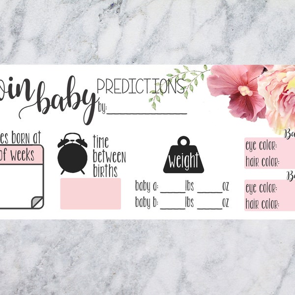TWINS baby shower game predictions for baby a & baby b { time, weight, hair color, eye color } instant printable