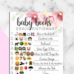 Baby Shower Emoji Pictionary Guessing Game With Answers Etsy Baby shower emoji game pictionary printable with answer key, kids book titles, guess the children's book quiz, pink floral baby shower, pdf from hands in the attic. baby shower emoji pictionary guessing