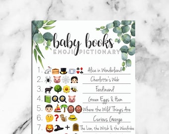 Baby Shower Emoji Pictionary Game - with answer key -  children&#39;s book titles guessing game - instant printable