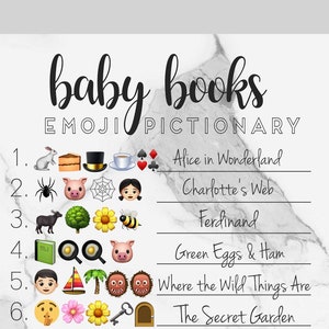 EMOJI PICTIONARY Baby Shower Spiel - Marmor Hintergrund - Titel von Kinderbüchern - Instant Download