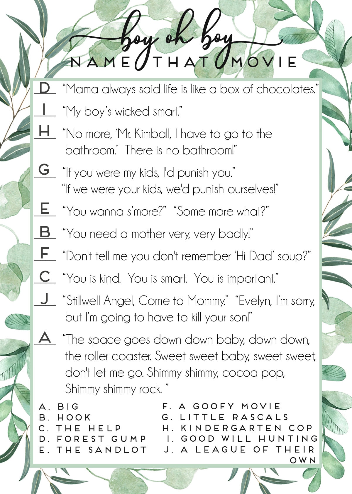 Baby Shower Game Movie Quotes Baby Boy Instant Download Etsy UK