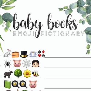 Peut inclure: Un jeu de baby shower imprimable intitul&eacute; "baby books emoji pictionary". Le jeu pr&eacute;sente quatre rang&eacute;es d'&eacute;mojis repr&eacute;sentant diff&eacute;rents livres pour enfants. Chaque rang&eacute;e est num&eacute;rot&eacute;e de 1 &agrave; 4.