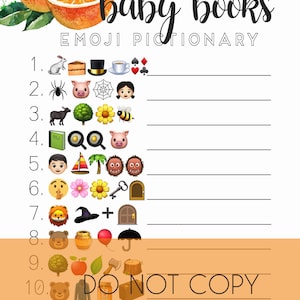 Op de afbeelding: Een printbaar babyshower-spel met een aquarel-oranje-illustratie en de tekst "baby books emoji pictionary". Het spel bevat 10 vragen met emoji's die populaire kinderboeken voorstellen.