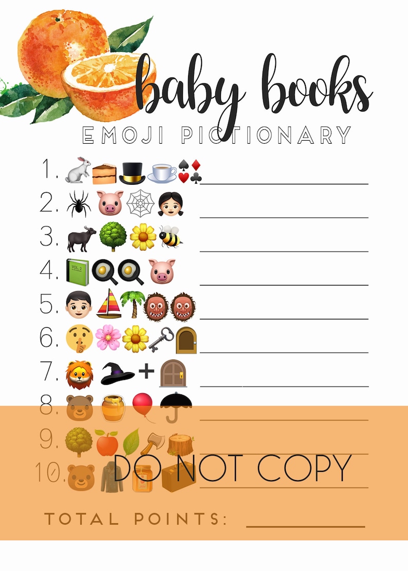 Op de afbeelding: Een printbaar babyshower-spel met een aquarel-oranje-illustratie en de tekst "baby books emoji pictionary". Het spel bevat 10 vragen met emoji's die populaire kinderboeken voorstellen.