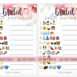 May include: Printable bridal shower game with a floral design. The game is called "Emoji Pictionary" and includes a list of emojis and a space to write the answers. The game is designed to be played by multiple people.