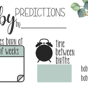 May include: A printable twin baby shower game card with a green and white color scheme. The card has sections for guests to predict the genders, the number of weeks the babies are born at, the time between births, and the weight of each baby.