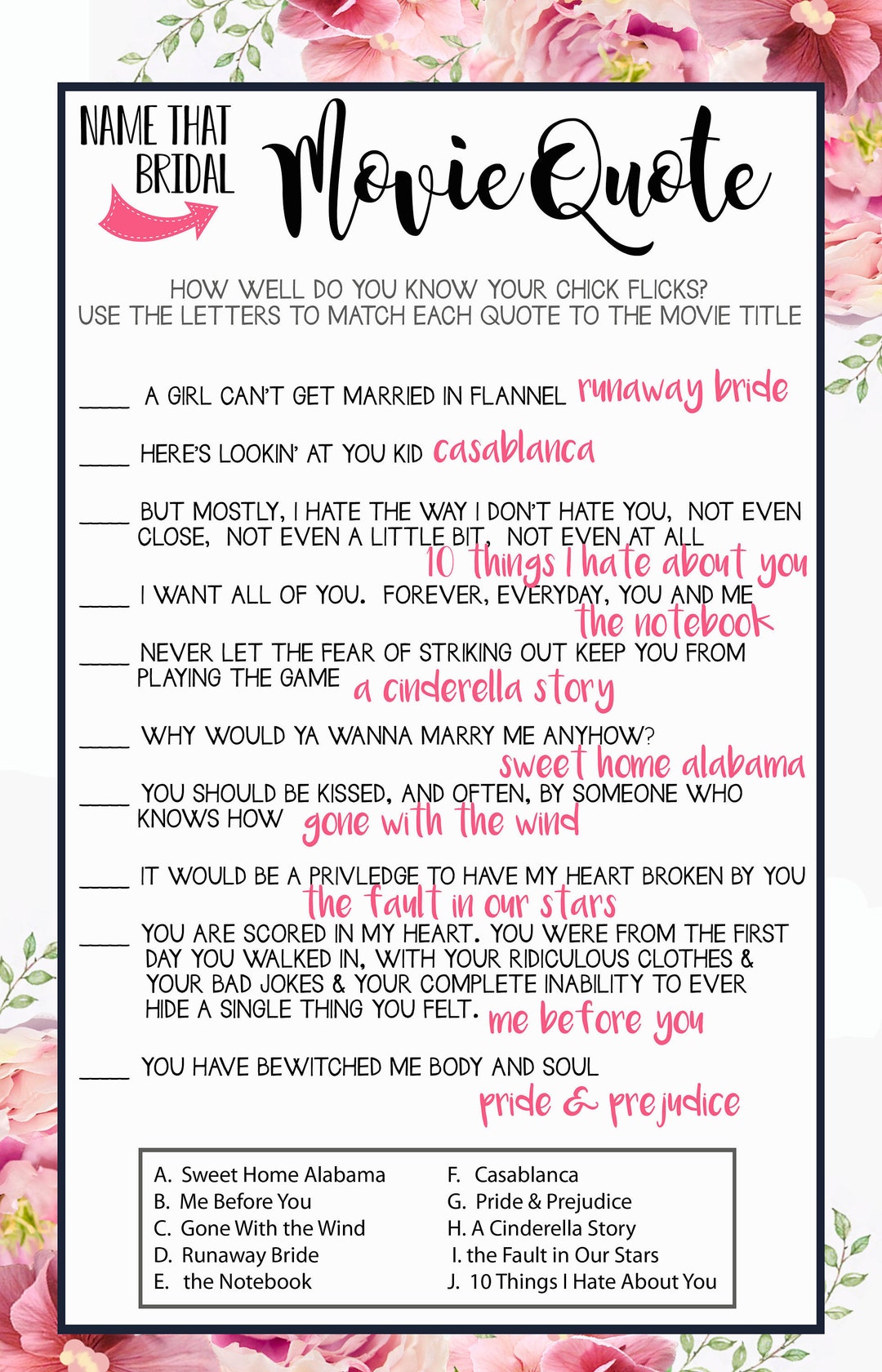 Bridal Shower Game MOVIE QUOTES Name That Bridal Chick Flick Movie